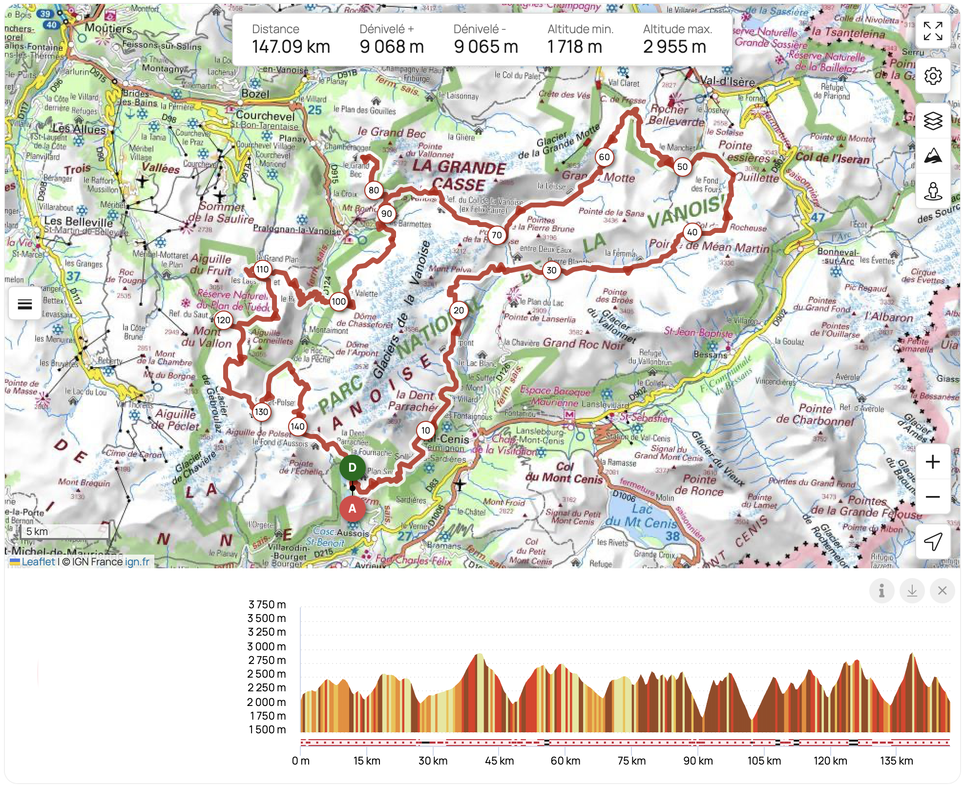 tracé du tour de la Vanoise en 12 jours avec Benoît VINCENS Waaah Trek Rando